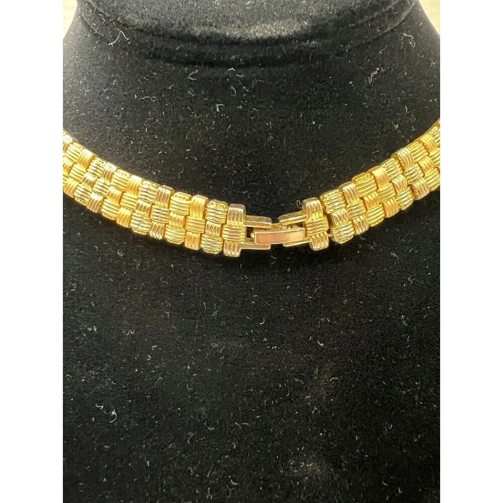 Gold Tone Flat Textured Necklace 15”Costume Jewelry Basketweave Choker Lie Flat